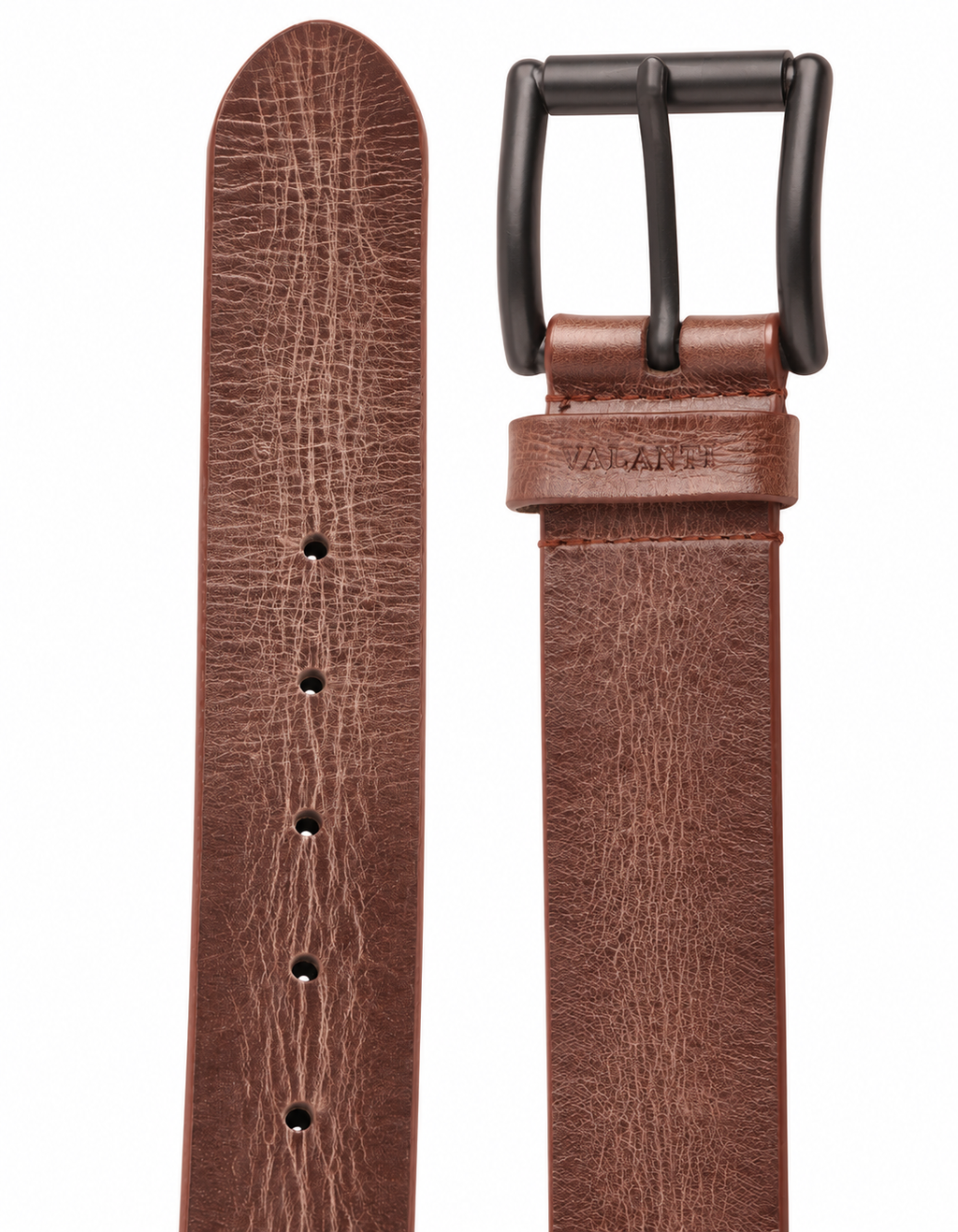 A close-up of the Valanti Men’s leather casual belt highlights its rich brown grain texture, five precisely spaced holes, and a sleek black buckle. The belt is showcased from both front and back against a crisp white background.