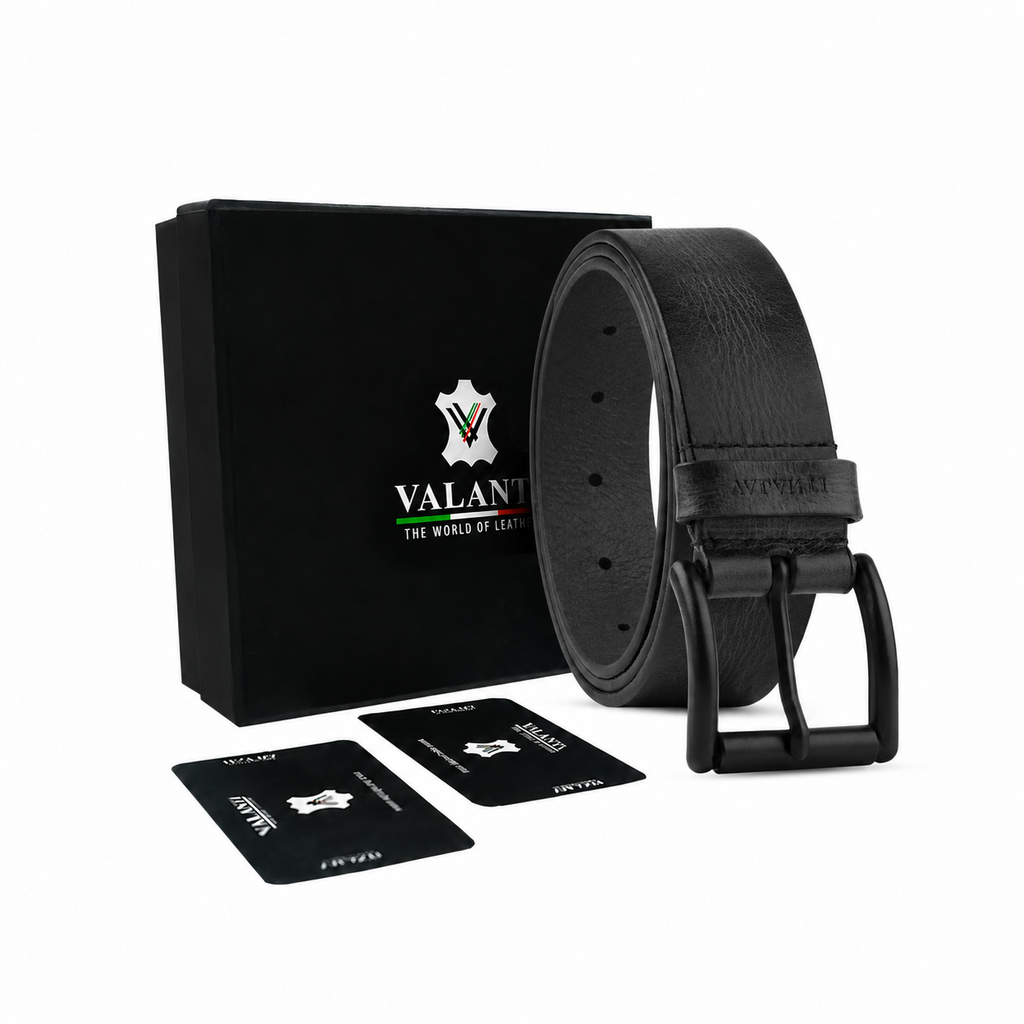 The Men’s Leather Casual Belt by Valanti features a sleek black buckle and is elegantly presented beside a black Valanti box and two matching black cards, all set against a crisp white background. This refined accessory effortlessly elevates any outfit with its sophisticated style.