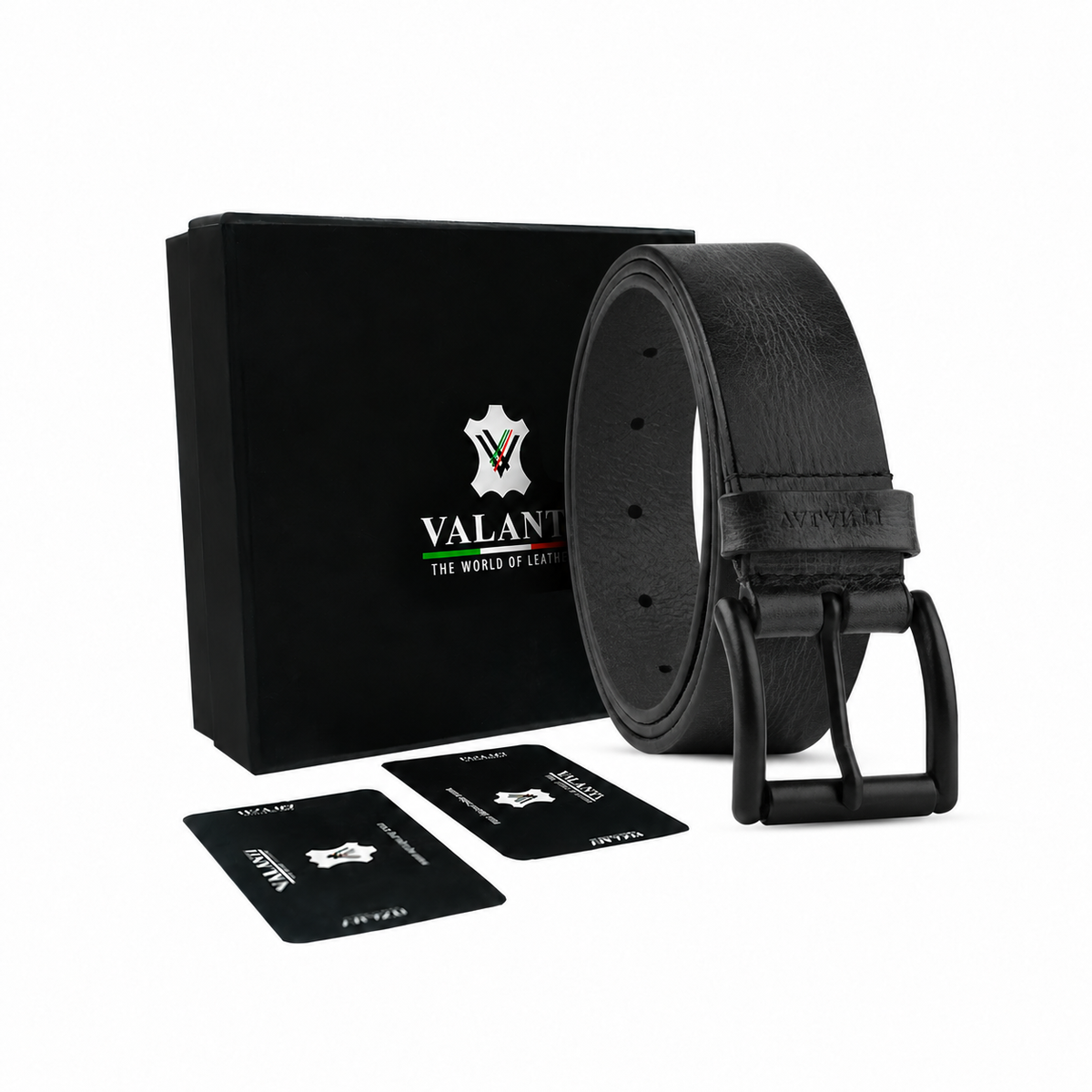 The Men’s Leather Casual Belt by Valanti features a sleek black buckle and is elegantly presented beside a black Valanti box and two matching black cards, all set against a crisp white background. This refined accessory effortlessly elevates any outfit with its sophisticated style.