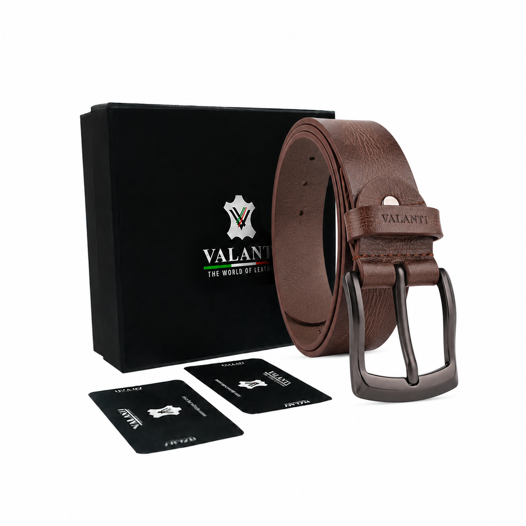 The Men’s leather casual belt | Valanti, featuring a rich brown leather strap and a sleek black buckle, is presented alongside a black Valante box and two black cards on a white background for an elegant leather accessory ensemble.