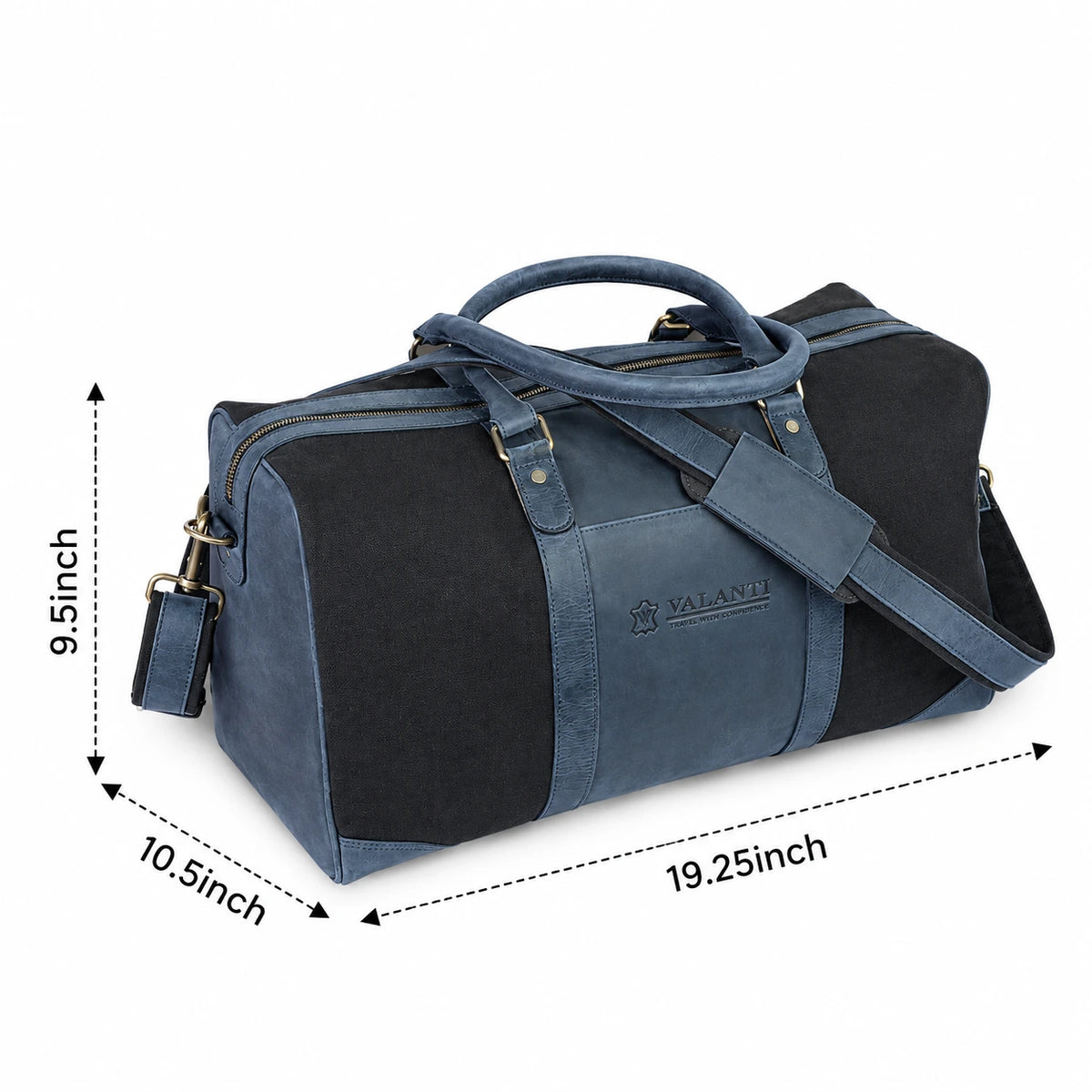 VALANTI navy blue canvas duffle bag size guide with dimensions