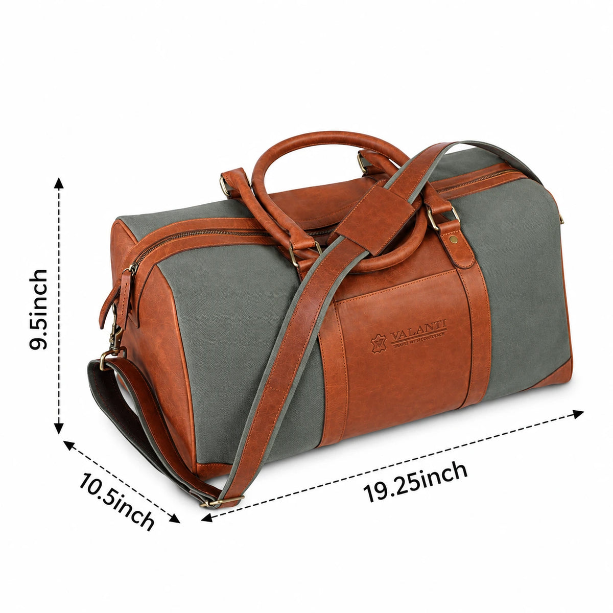 VALANTI olive green canvas duffle bag size guide with dimensions