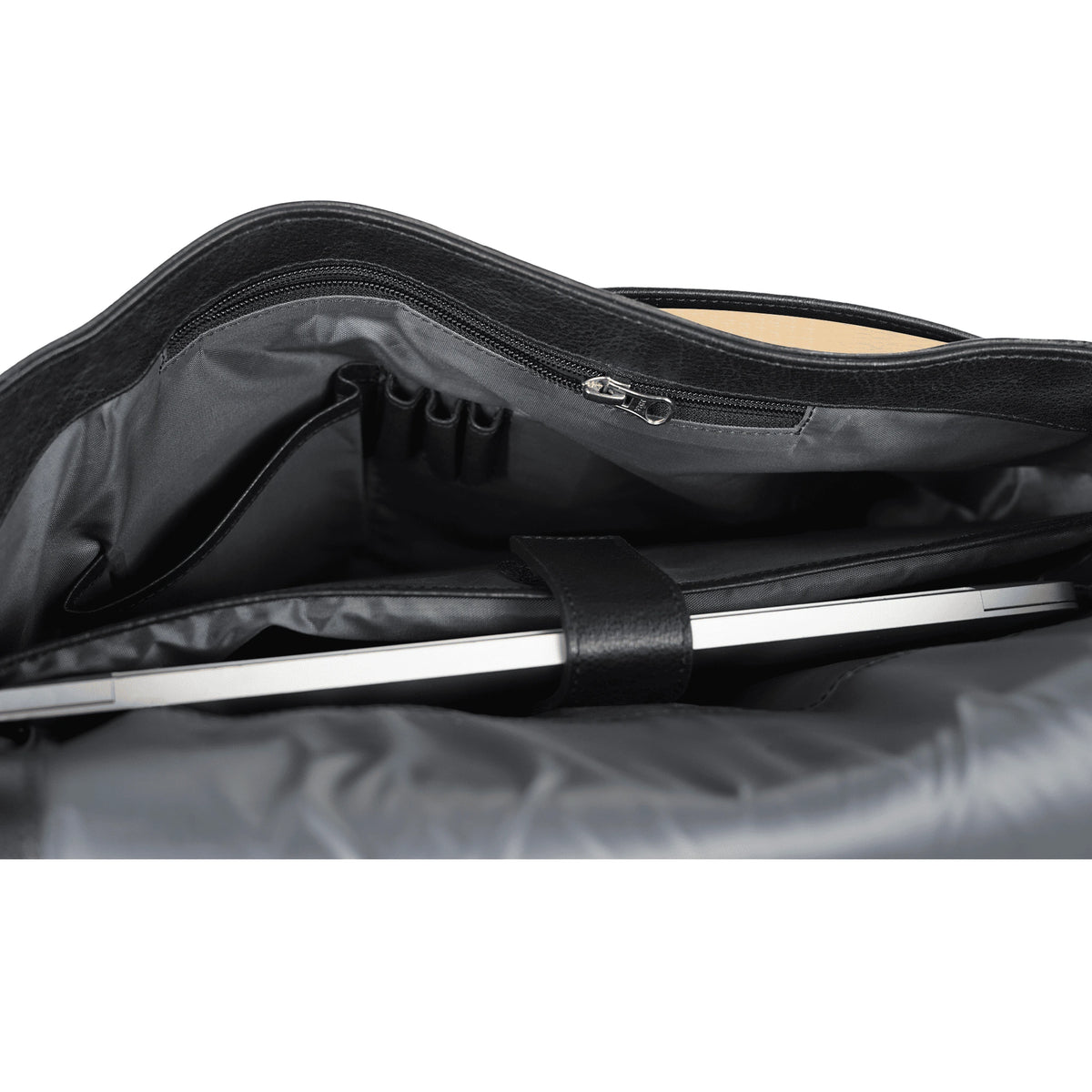 VALANTI black Men's Ecolux Laptop Bag - Full-Grain Leather, open interior and storage compartments
