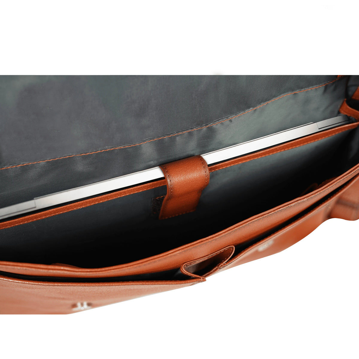 VALANTI black Men's Ecolux Laptop Bag - Full-Grain Leather, open interior and storage compartments