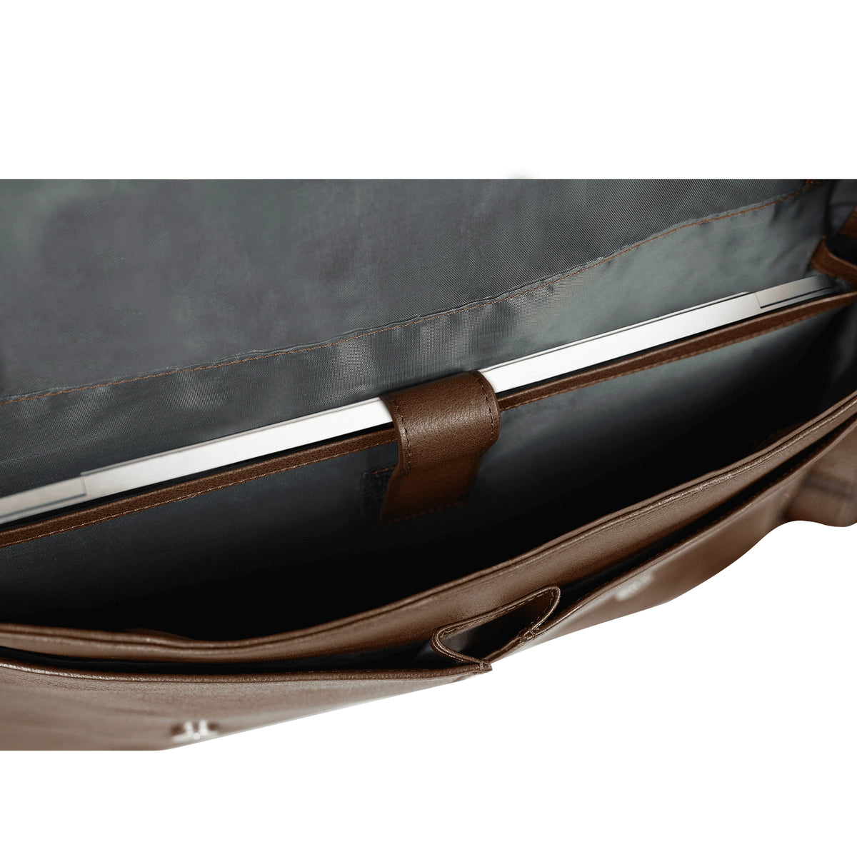 VALANTI brown Men's Ecolux Laptop Bag - Full-Grain Leather, open interior and storage compartments