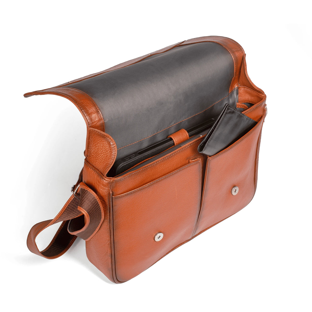 VALANTI tan Men's Ecolux Laptop Bag - Full-Grain Leather, top view