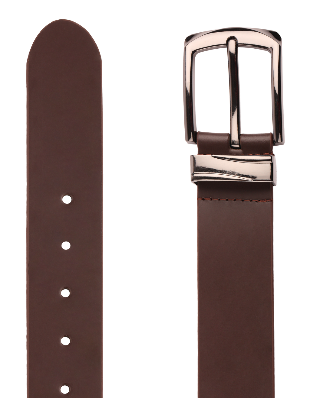 A close-up of the Men’s Leather Dress Belt – Silver Buckle, featuring detailed views of both the buckle end and the pointed tip with holes, set against a white background.