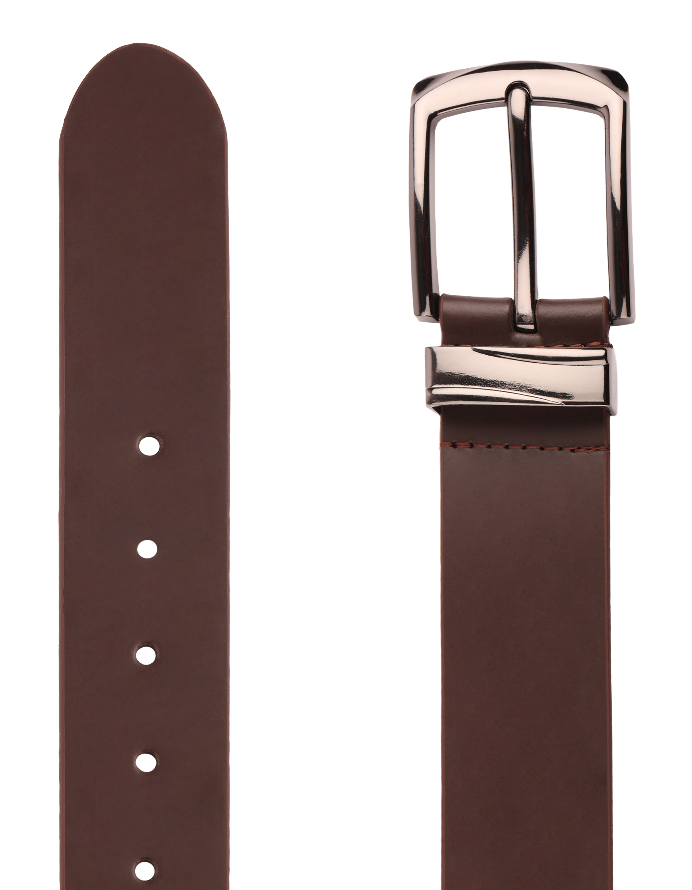 A close-up of the Men’s Leather Dress Belt – Silver Buckle, featuring detailed views of both the buckle end and the pointed tip with holes, set against a white background.