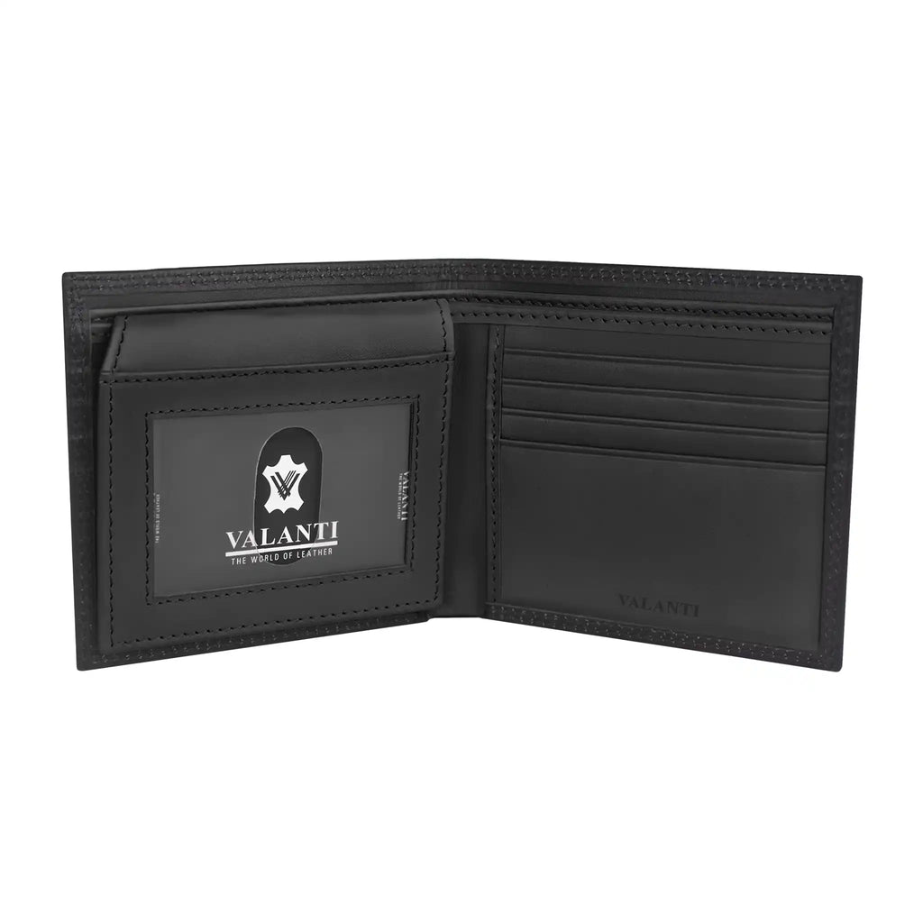 Open black leather bifold wallet with multiple card slots and a clear ID window from valanti.co.uk Men's Leather Wallets
