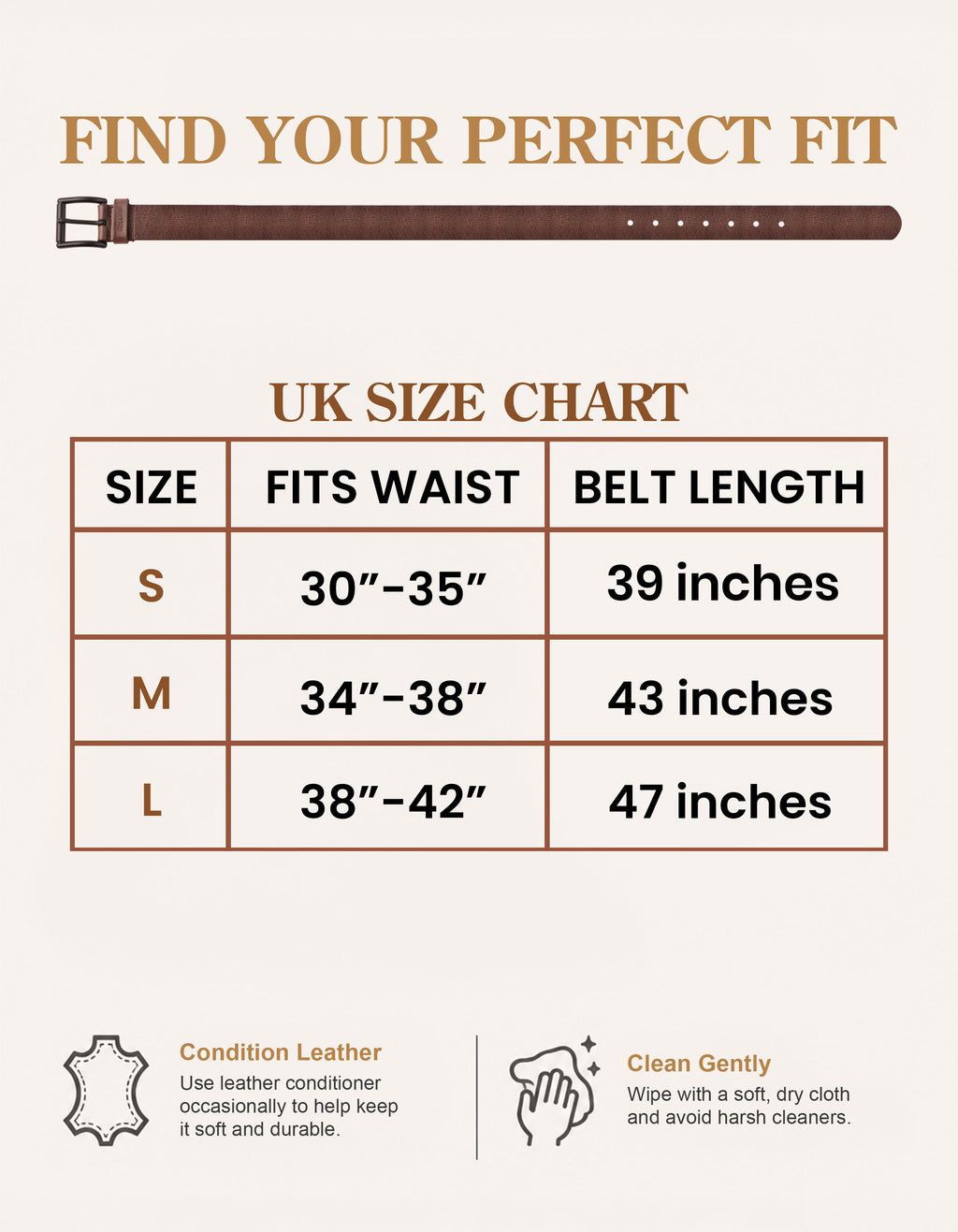 Valanti Men’s leather casual belt UK size chart displaying small, medium, and large sizes with corresponding waist fits and belt lengths. Features illustrations plus advice for conditioning your leather accessory and cleaning it gently. Showcases a brown Valanti men’s leather casual belt with a black buckle against a neutral background.