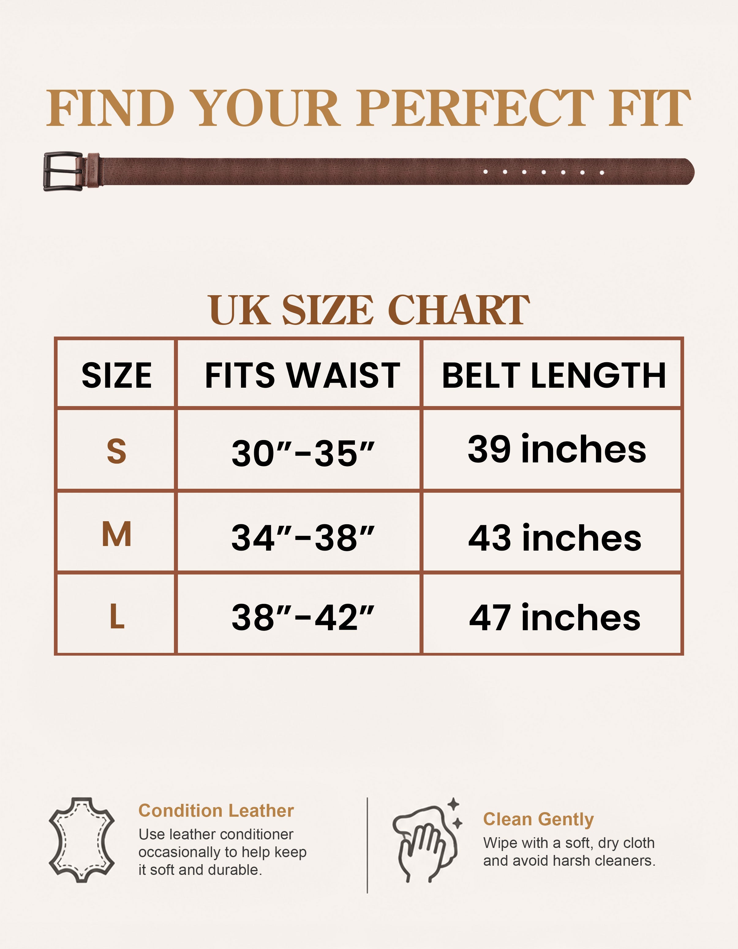 Valanti Men’s leather casual belt UK size chart displaying small, medium, and large sizes with corresponding waist fits and belt lengths. Features illustrations plus advice for conditioning your leather accessory and cleaning it gently. Showcases a brown Valanti men’s leather casual belt with a black buckle against a neutral background.