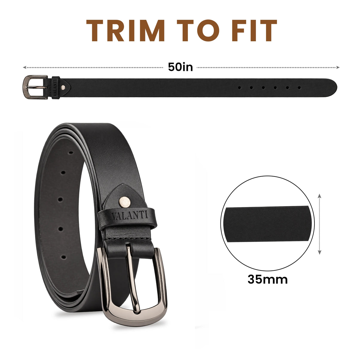 Men’s Smooth Leather Belt – Rounded Buckle - Trim to Fit VALANTI : The World of Leather